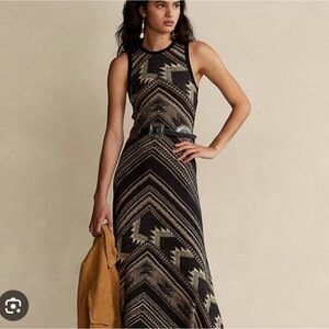 Polo Ralph Lauren Black Southwestern Knit Henley Midi Dress Cotton Blend | L